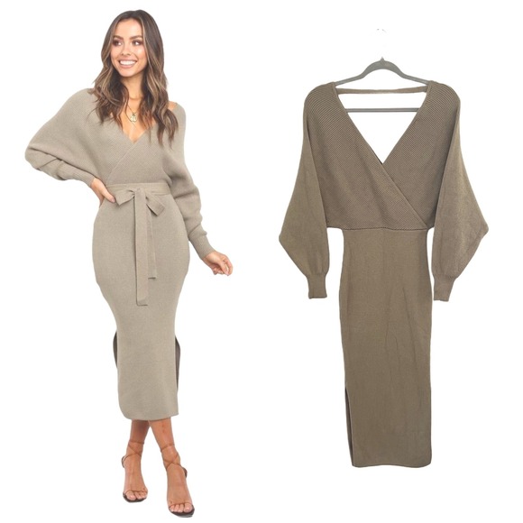 Petal + Pup Knit Bodycon Midi Dress Batwing Long Sleeve Beige US 2 XS - Picture 1 of 8